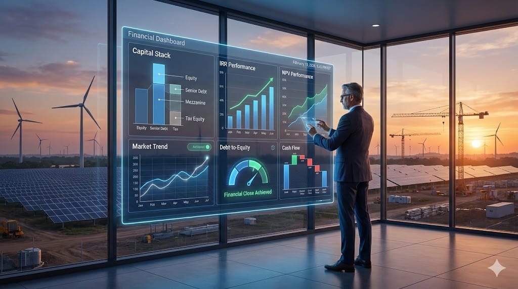 Renewable energy leaders reviewing competency frameworks with animated performance analytics across wind and solar infrastructure projects.