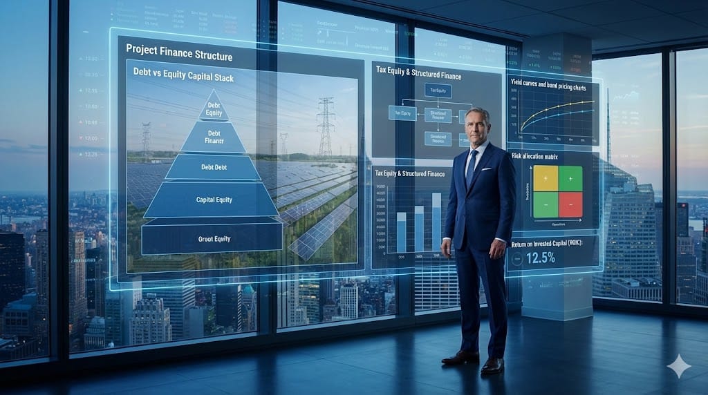 Capital markets executive analyzing US project financing structures with infrastructure investment and financial analytics dashboards.