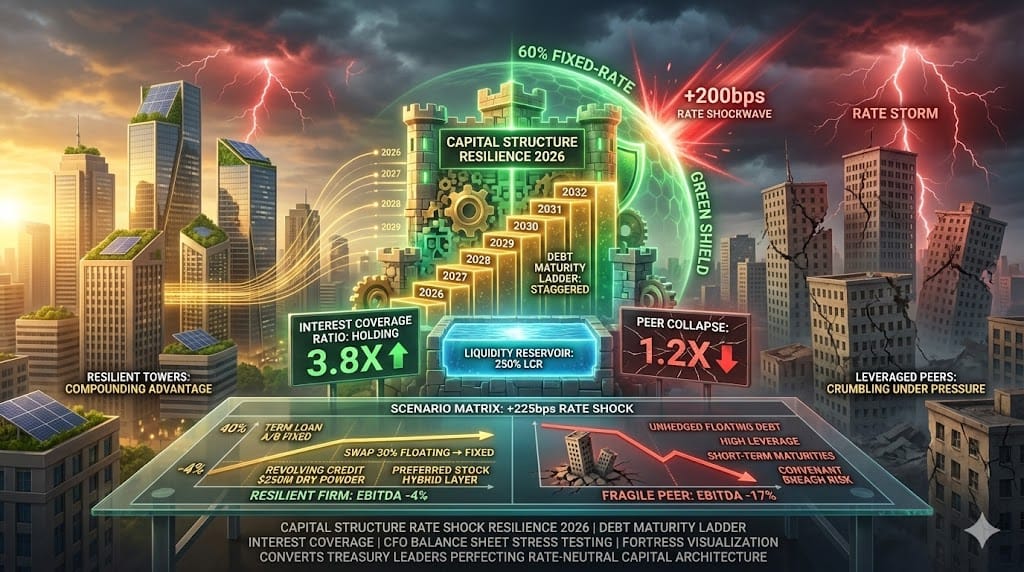 Resilient corporate balance sheet fortress enduring +200bps interest rate shock—staggered 2026-2032 debt maturity ladder, 60% fixed-rate protection, 250% liquidity coverage ratio maintaining 3.8x EBITDA service coverage for superior rate-shock resilience "Capital Structure Resilience Under Rate Shocks"