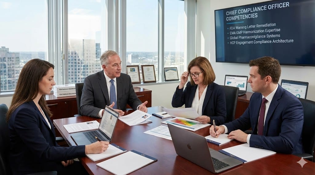 Executive search team strategically hiring Chief Compliance Officer for life sciences—navigating FDA EMA GMP pharmacovigilance HCP engagement regulations identifying leaders who transform complex compliance challenges into strategic competitive advantage.