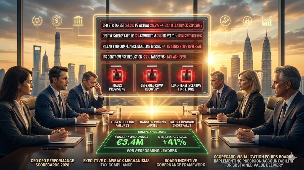 Board reviewing CEO/CFO performance scorecards—real-time dashboards tracking ETR optimization Pillar Two compliance ROI delivery with clawback triggers activated for missed tax controversy benchmarks ensuring 2026 executive accountability "CEO/CFO Performance Scorecards and Clawbacks".