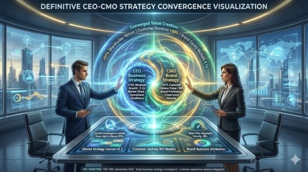 CEO and CMO forging integrated brand-business strategy—holographic convergence matrix synchronizing customer experience, revenue growth, and enterprise value creation during C-suite alignment session.