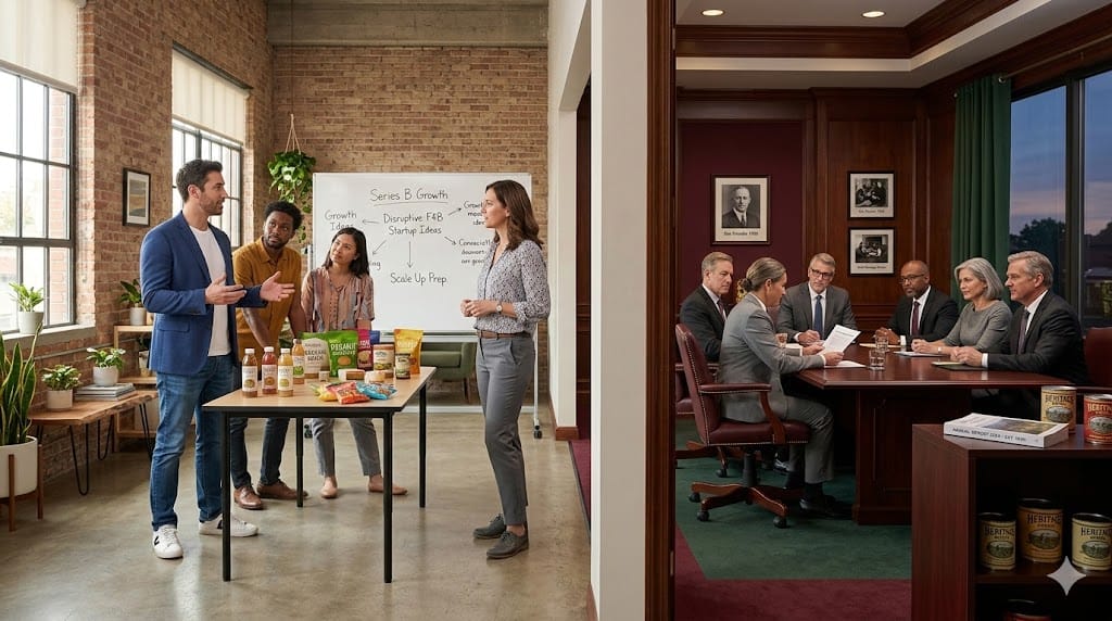 Executive recruiter meeting a startup founder in a modern co-working space on one side and engaging with a legacy food brand board in a traditional corporate office on the other, illustrating differences in CEO recruitment.