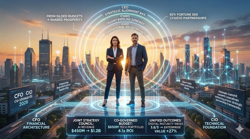 CFO and CIO as co-stewards leading enterprise digital transformation—unified vision dashboard showing AI cloud analytics ROI 3.2x returns strategic alignment 2026 "The Future State: CFO and CIO as Co-Stewards of Enterprise Transformation".