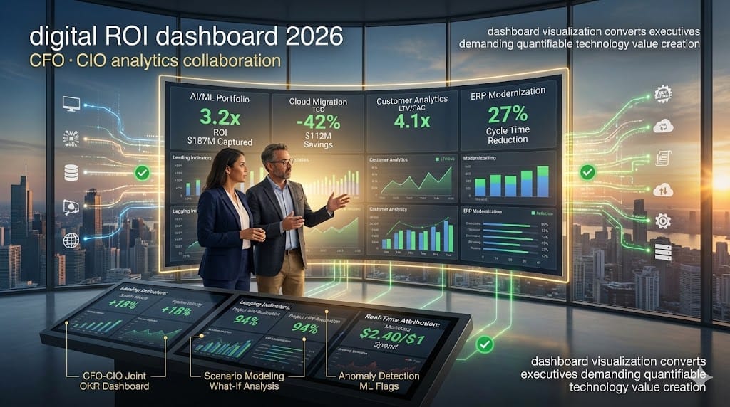 CFO and CIO monitoring real-time digital ROI dashboard—integrated analytics showing AI initiatives 3.2x return cloud migration -42% TCO data democratization $187M value capture 2026 "Data, Analytics, and Real-Time Dashboards for Tracking Digital ROI".