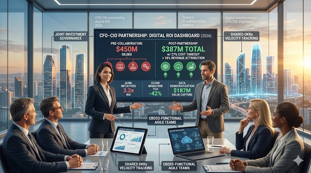 CFO and CIO collaborating on digital transformation dashboard measuring ROI from AI cloud analytics initiatives—shared KPIs showing 27% cost savings 18% revenue uplift through strategic finance-IT alignment 2026 "The New Relationship Between the CFO and the CIO: Driving Digital ROI"