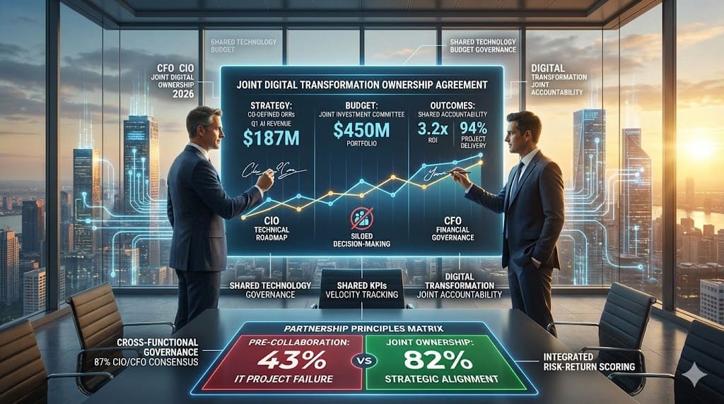 CFO and CIO sharing joint ownership of digital strategy budget outcomes—collaborative dashboard showing unified KPIs 27% cost savings 18% revenue uplift through shared governance 2026 "Joint Ownership of Digital Strategy, Budget, and Outcomes".