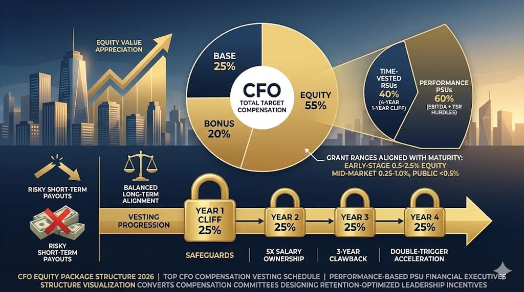 Optimal CFO equity compensation architecture for top-tier hires—55% total comp in performance-aligned equity with 4-year vesting, 60% PSUs tied to TSR/EBITDA, 0.5-2% ownership range securing strategic financial leadership 2026 "How to Structure an Effective Equity Package for a Top CFO".