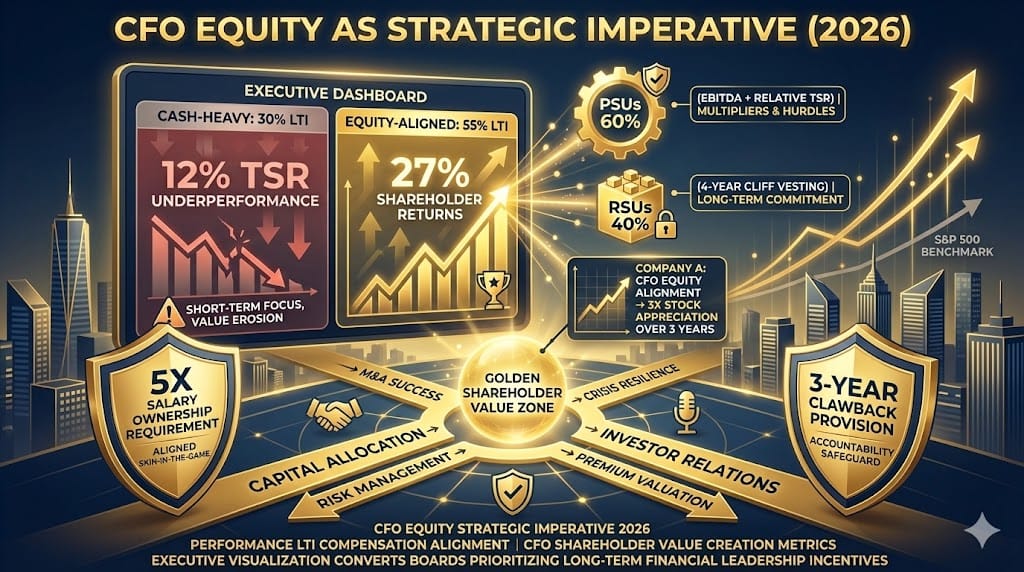 CFO equity compensation driving strategic alignment—55% LTI performance PSUs with TSR hurdles, 4-year vesting securing long-term shareholder value creation vs short-term cash incentives "The Strategic Imperative of CFO Equity Compensation".