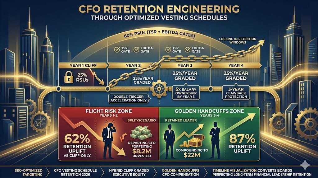 Optimized CFO vesting timeline securing executive retention—4-year hybrid cliff/graded schedule with Year 1 25% cliff, 60% performance PSUs, golden handcuffs preventing flight risk through 2029 "Vesting Schedules Optimized for CFO Retention".