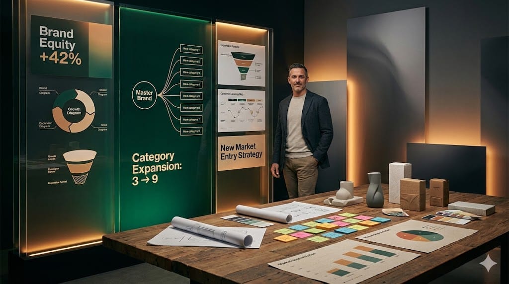 Creative visual concept of a Chief Growth Officer driving brand and category expansion, featuring layered product ecosystems, bold growth graphics, and dynamic market segmentation visuals in a modern strategic setting.