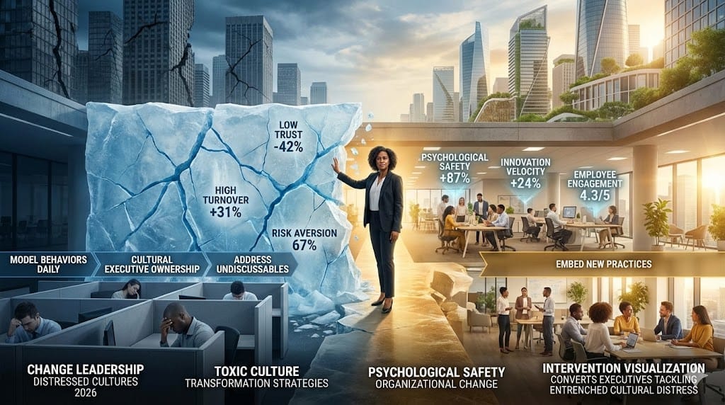Transformational leader guiding diverse team through distressed corporate culture—breaking toxicity barriers with psychological safety metrics, 87% retention uplift via structured change leadership 2026 "Change Leadership in Distressed Cultures".