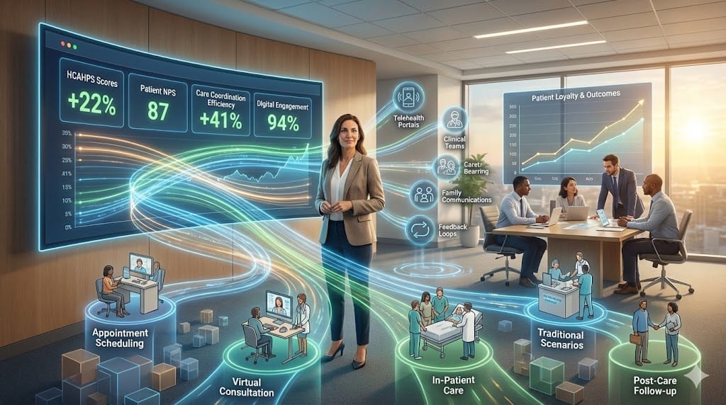 Emerging Chief Patient Experience Officer leading patient-centered transformation—integrating satisfaction metrics across digital health platforms clinical teams administrative workflows driving HCAHPS scores outcomes loyalty in value-based care era.