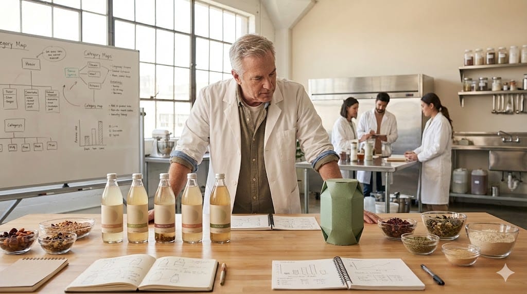 Chief Innovation and R&D Officer reviewing physical product prototypes and ingredient trials in a bright, real-world development lab, illustrating the shift from incremental line extensions to breakthrough new product categories.