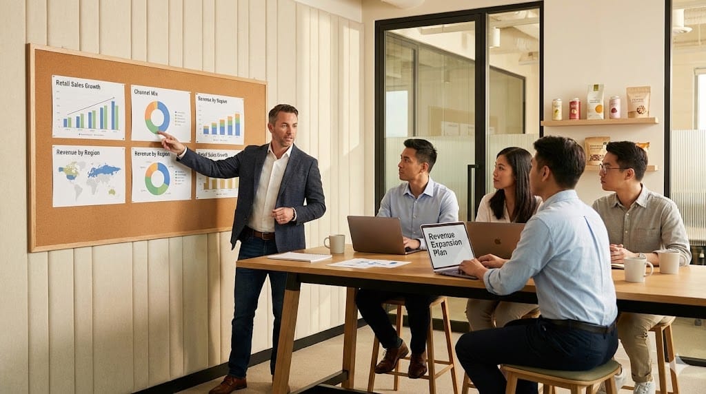 Chief Revenue Officer leading a commercial strategy session focused on sales growth, retail expansion, and revenue performance inside a modern food and beverage headquarters.