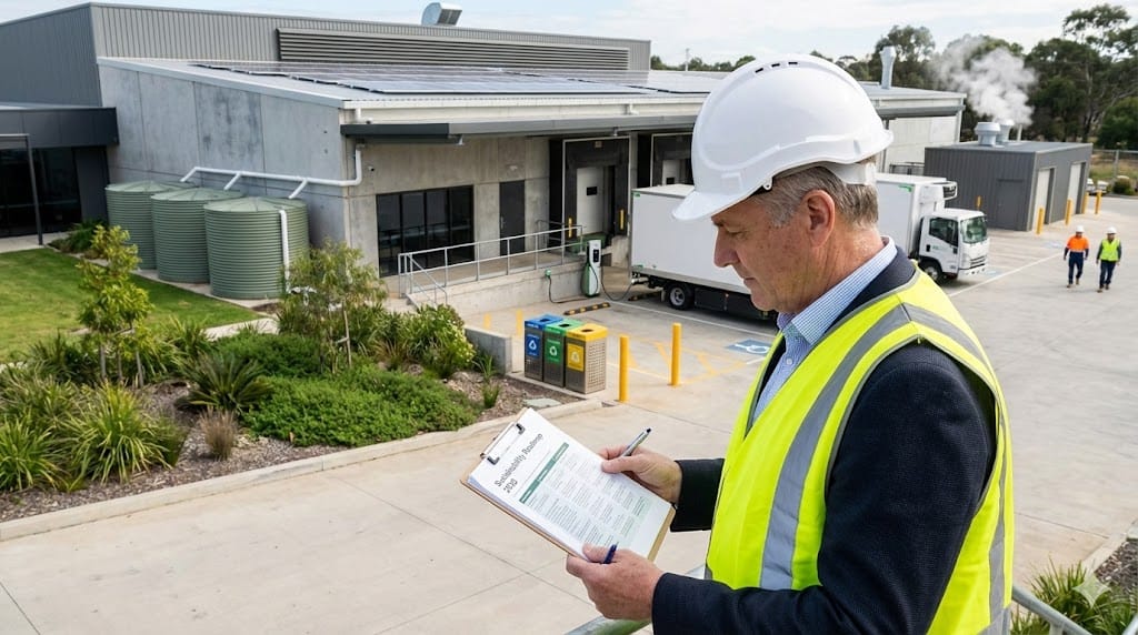 Chief Sustainability Officer inspecting eco-friendly upgrades at a modern food manufacturing plant with solar panels, green infrastructure, and active production operations in the background.