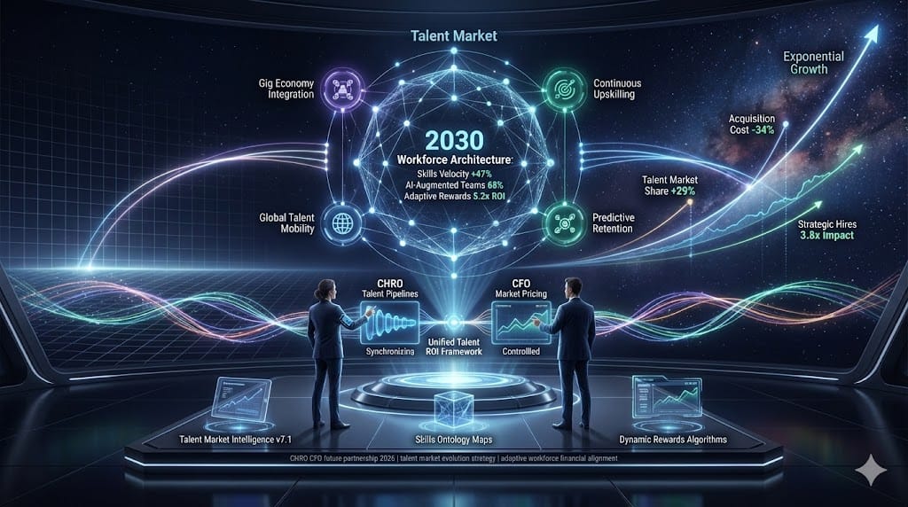 CHRO and CFO forging evolved partnership for dynamic talent markets—strategic alignment mapping skills-based hiring, AI workforce analytics, and adaptive compensation models to navigate 2030 talent competition.