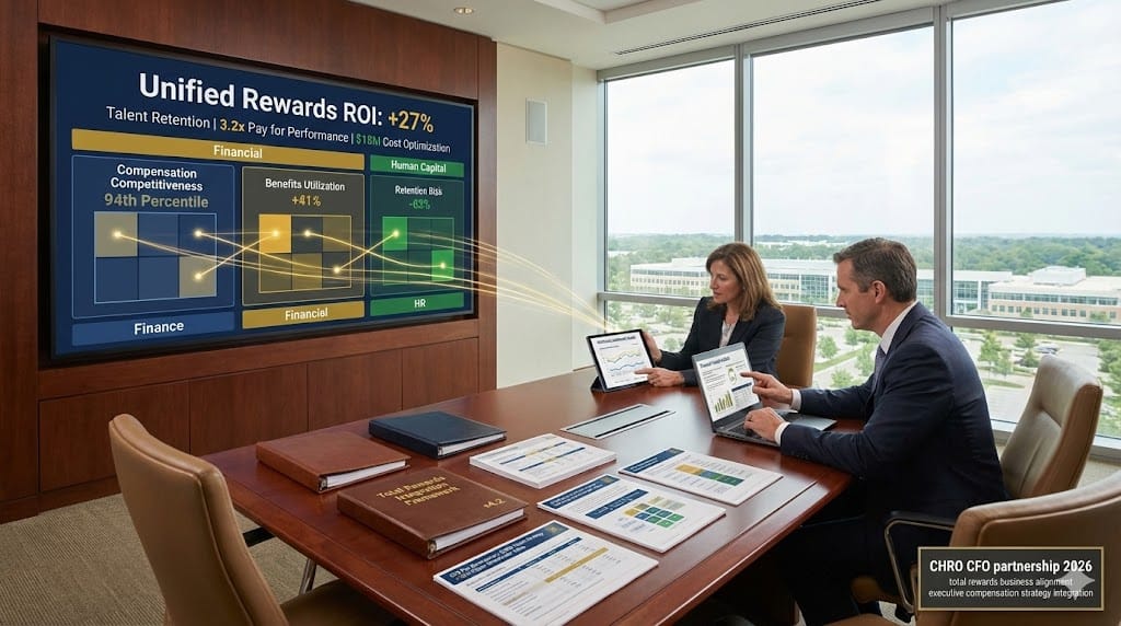 CHRO and CFO collaborating on integrated total rewards strategy—unifying compensation analytics, benefits optimization, and talent retention metrics during executive alignment session driving business-aligned people investment.