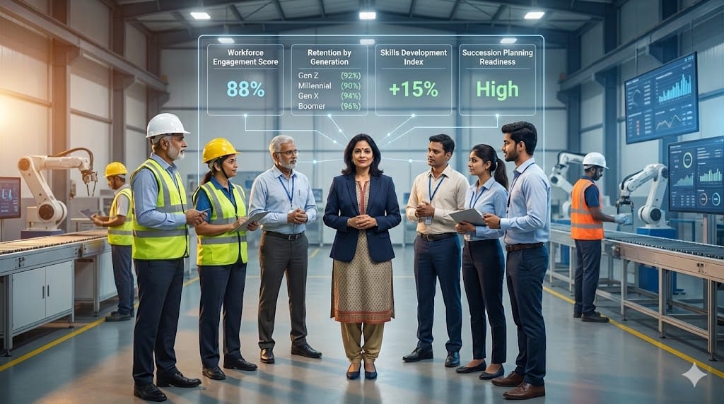 CHRO leading a diverse multi-generational factory workforce discussion in a modern manufacturing environment.