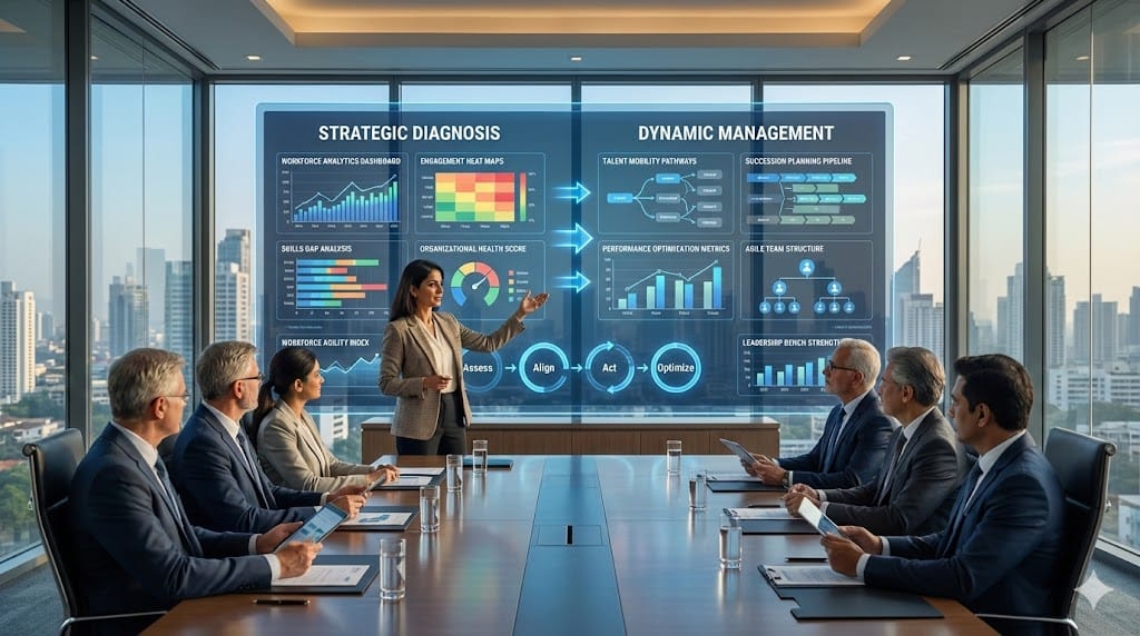 CHRO leading strategic workforce transformation using analytics dashboards and dynamic management frameworks in a modern corporate environment.