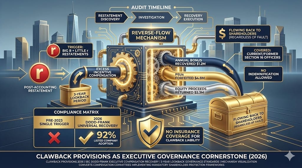 Executive compensation clawback policy dashboard enforcing 3-year lookback recovery—SEC Dodd-Frank mandated governance standards protecting shareholders from erroneous financial incentives 2026 "Clawback Provisions and Governance Standards".