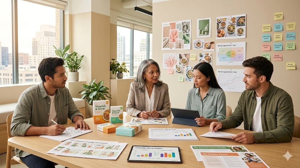 Modern marketing leader reviewing food brand campaign visuals, packaging designs, and digital performance data in a creative studio workspace.