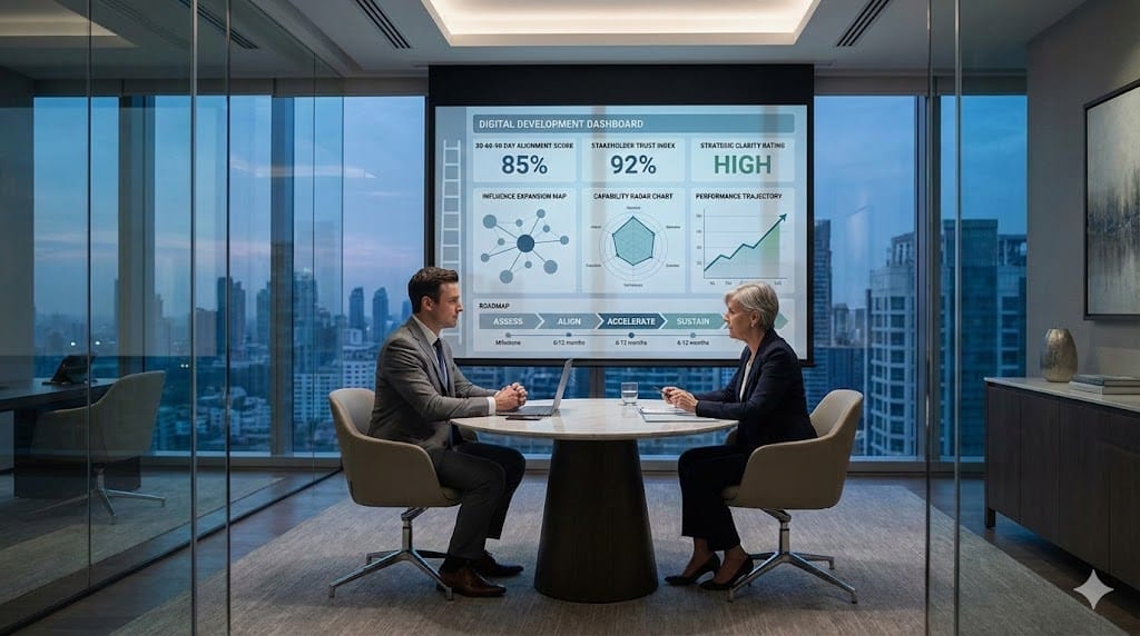 Newly appointed senior executive participating in structured coaching session with leadership development roadmap and performance acceleration metrics displayed in a modern corporate office.