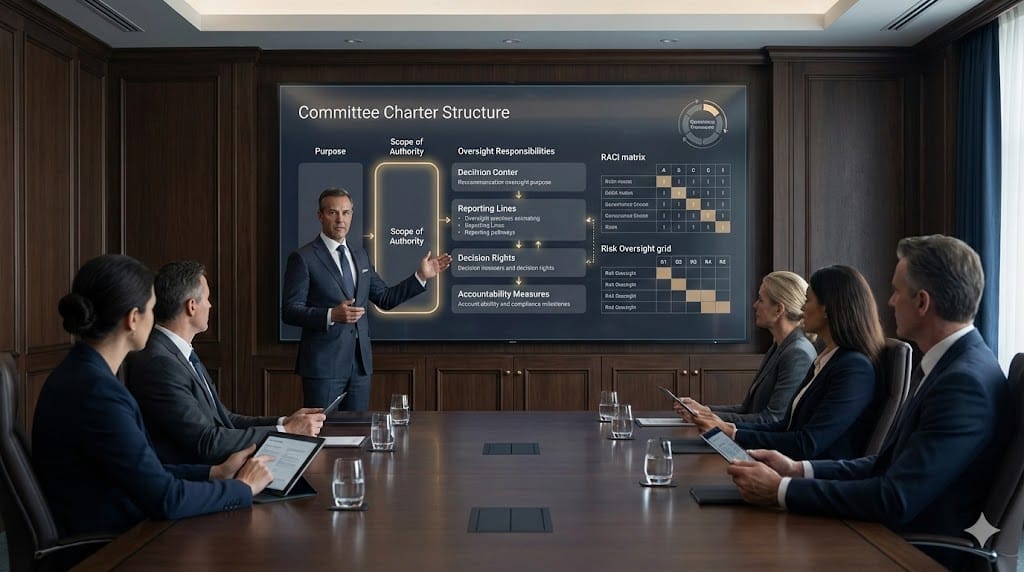 Board committee defining governance authority and oversight framework with structured charter documentation and dynamic accountability visuals.