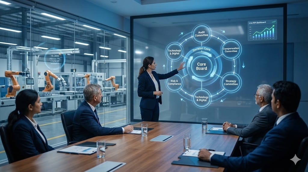 Mid-market industrial board committee structure visualized through dynamic governance dashboards and agile decision-making flows in a modern boardroom.