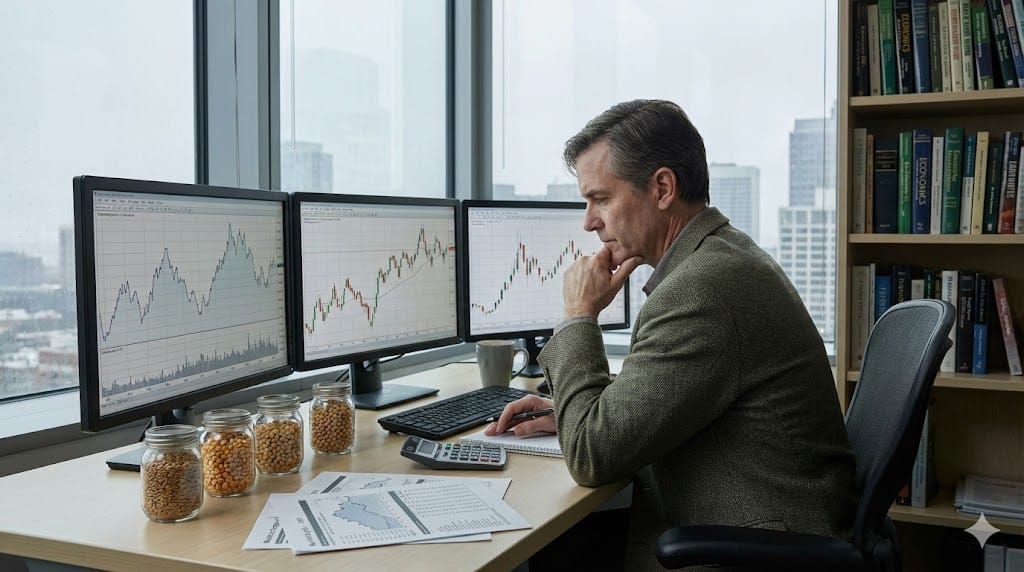 Agricultural commodities trader analyzing grain price charts on multiple monitors while raw food ingredients such as wheat and corn samples sit on the desk