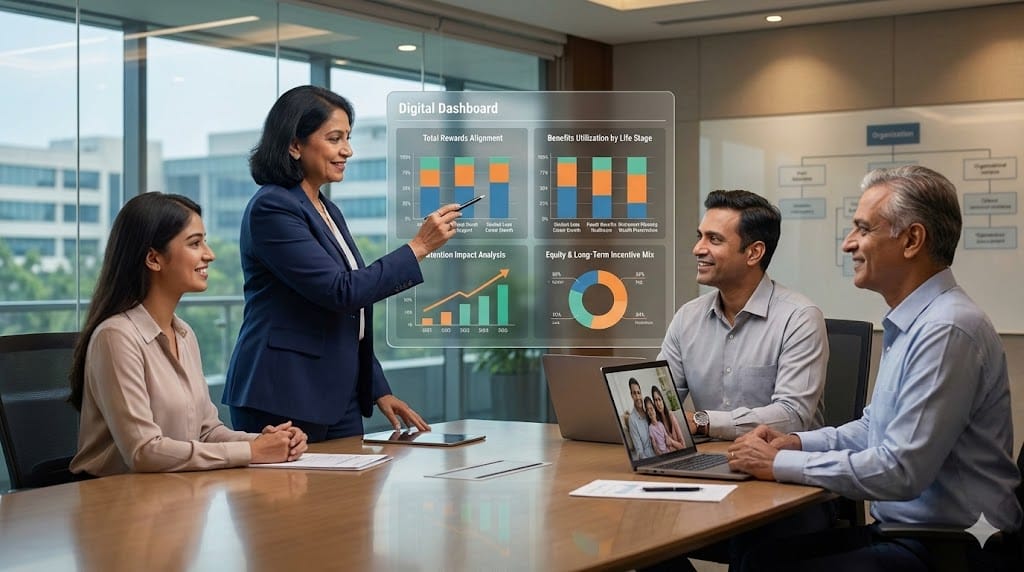 HR executive reviewing compensation strategy tailored to different employee life stages with workforce analytics dashboard.
