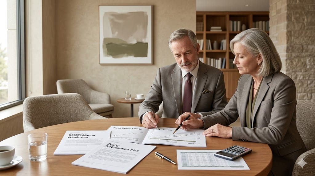 Two senior professionals reviewing executive compensation agreement and equity structure documents during a private negotiation meeting.