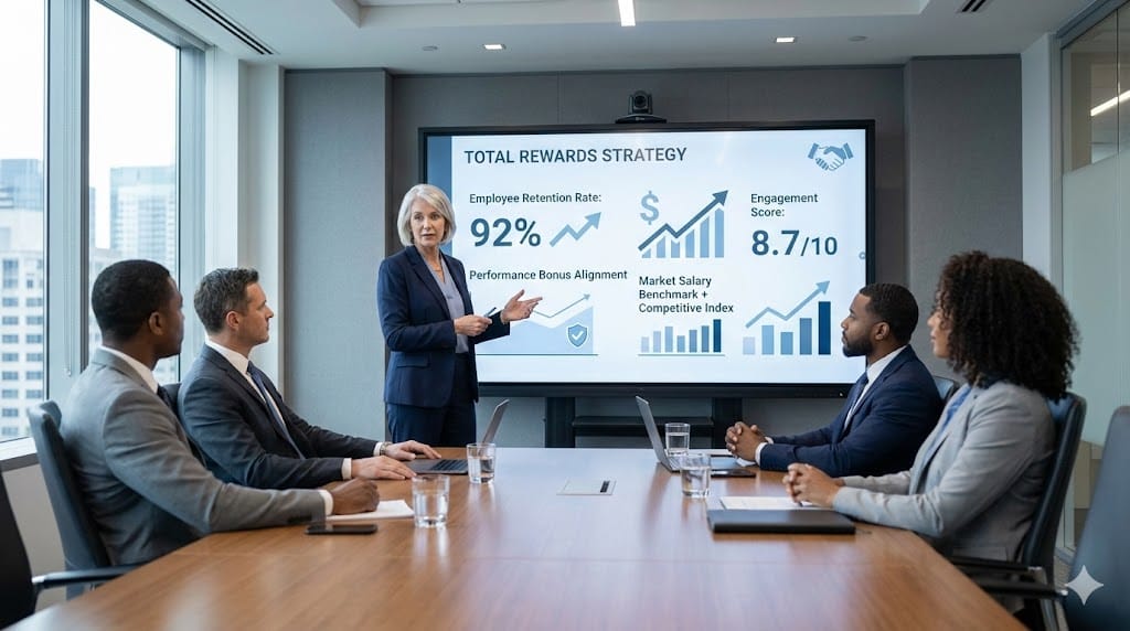 HR executive presenting compensation and retention strategy dashboard with salary benchmarks, performance incentives, and employee engagement metrics in a corporate boardroom.