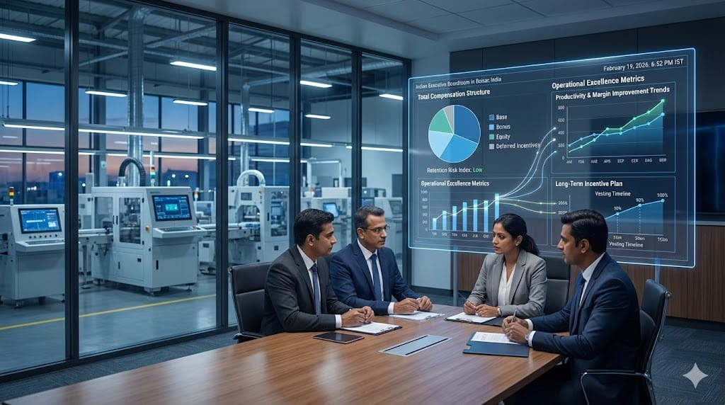 Board-level discussion on compensation and retention strategy for top operations executives with performance and incentive dashboards.
