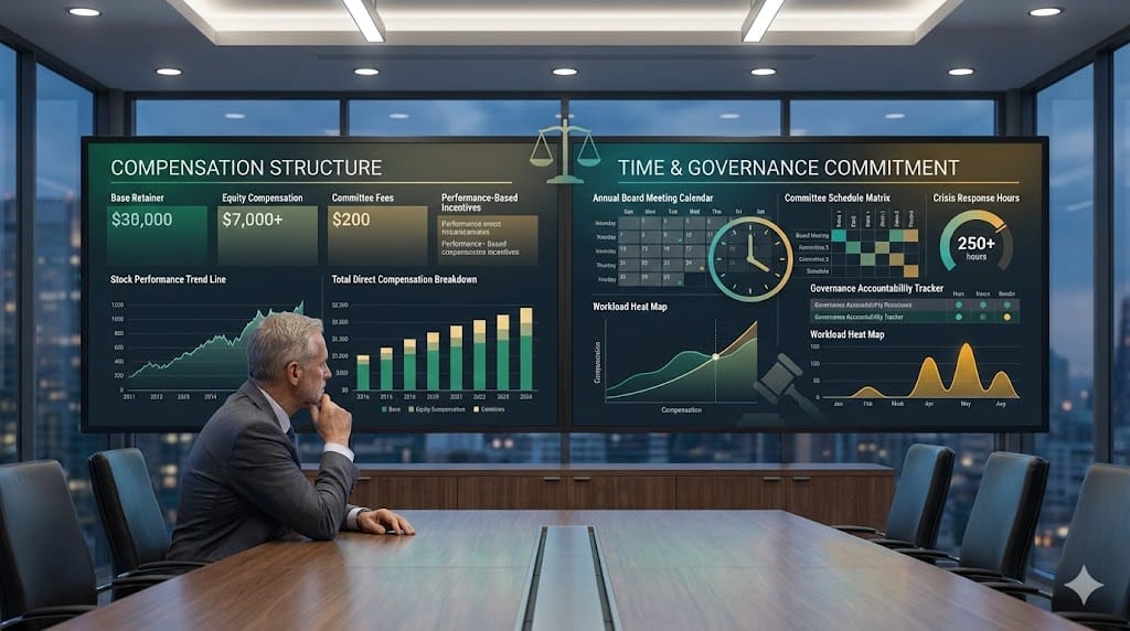 Executive reviewing board compensation structure alongside time commitment calendar and governance workload dashboard in a professional corporate setting.