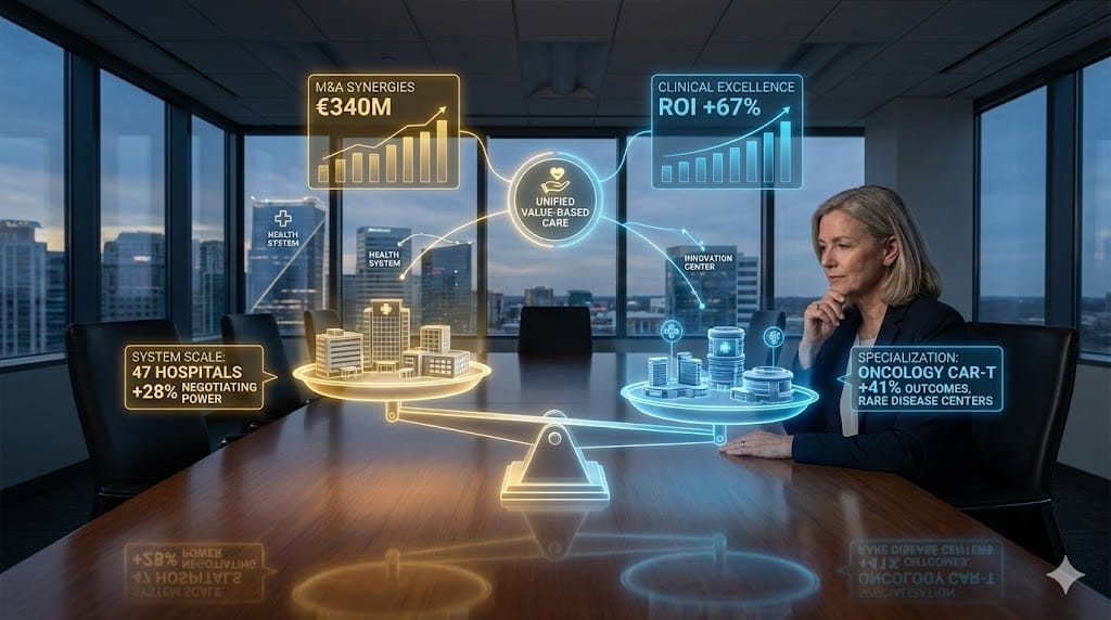 Health system CEO balancing consolidation scale advantages against clinical specialization excellence—strategically weighing M&A network expansion versus precision medicine centers digital platform investments amid 2026 industry transformation pressures.