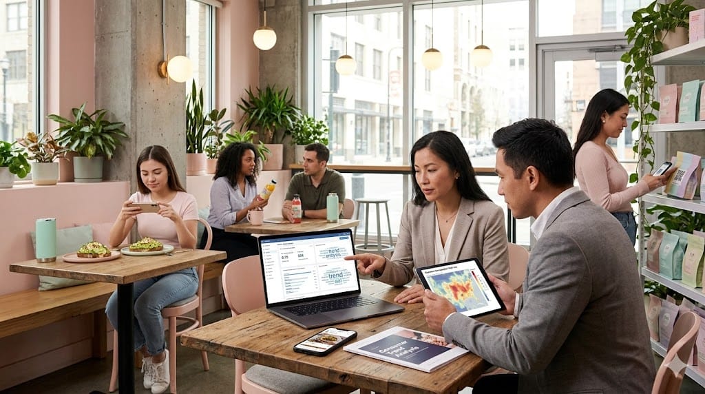 Market insights team analyzing consumer behavior trends on digital devices inside a modern urban café environment.