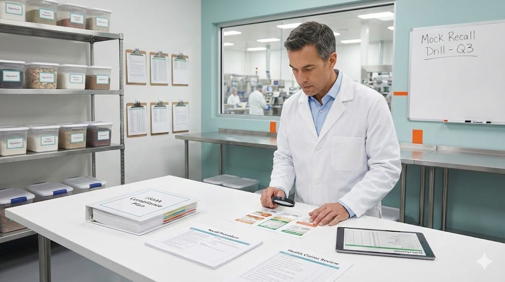Food safety compliance leader reviewing product labeling, FSMA documentation, and recall preparedness plans in a bright quality assurance office inside a food manufacturing facility.