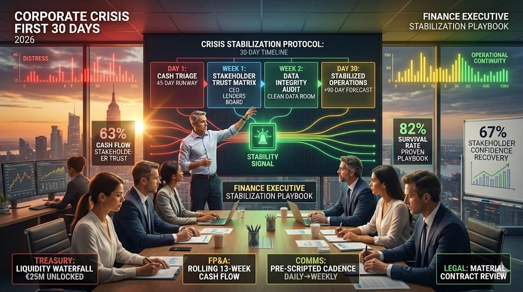 C-suite war room activation Day 1: CFO leading 30-day stabilization with cash runway extension 45-day visibility stakeholder communication cadence data room cleanup restoring operational continuity.