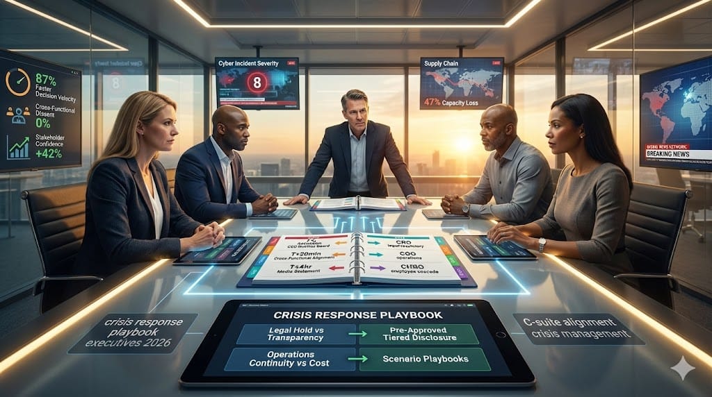 C-suite executives aligning on crisis response playbook during high-stakes war room activation—cross-functional decision matrix coordinating CEO communications legal compliance operational continuity for enterprise crisis leadership 2026 "Crisis Response Playbooks for Executive Alignment".