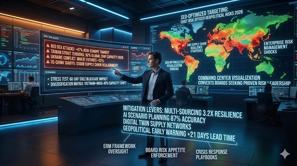 Chief Risk Officer analyzing geopolitical tensions and supply chain disruptions in modern command center—interactive dashboard showing Red Sea shipping delays, Taiwan chip shortages, 2026 enterprise risk mitigation strategies "The Chief Risk Officer (CRO): Mitigating Geopolitical and Supply Chain Shocks".