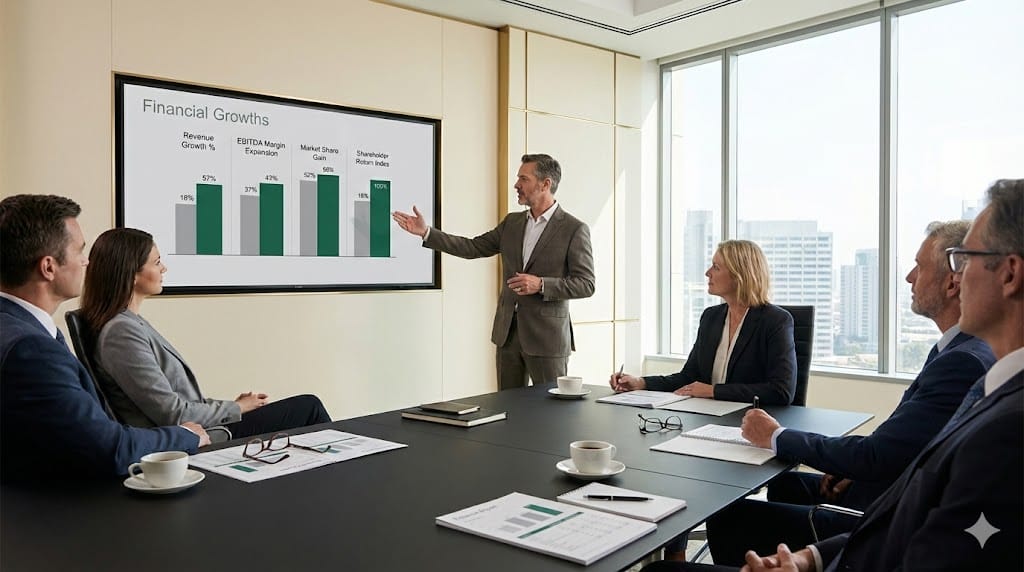Chief Revenue Officer presenting revenue growth, EBITDA expansion, and shareholder value metrics during an investor-focused strategy session in a modern corporate setting.