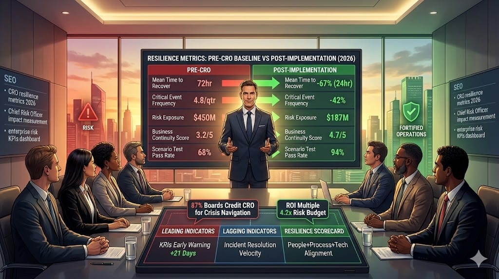 Chief Risk Officer dashboard measuring enterprise resilience through key metrics—recovery time objectives, risk exposure reduction, business continuity scoring demonstrating CRO strategic value 2026 "Measuring CRO Impact Through Resilience Metrics"