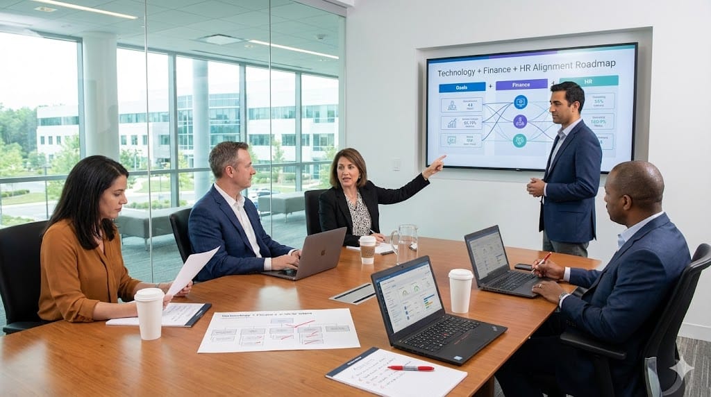 C-suite executives breaking down organizational silos during collaborative strategy session—CEO facilitates cross-functional alignment between CTO, CFO, and CHRO using shared digital roadmap on conference room screen .