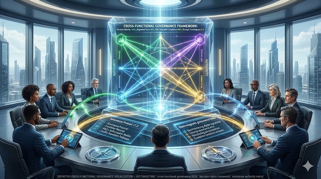 C-suite governance council establishing cross-functional decision rights matrix—integrated authority framework synchronizing business units, risk thresholds, and strategic alignment across enterprise leadership domains.