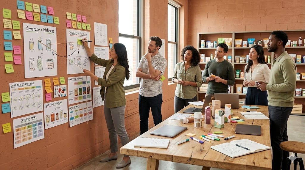 Cross-functional leadership team collaborating in a hands-on strategy workshop with product prototypes, market boards, and integrated planning materials illustrating category convergence.