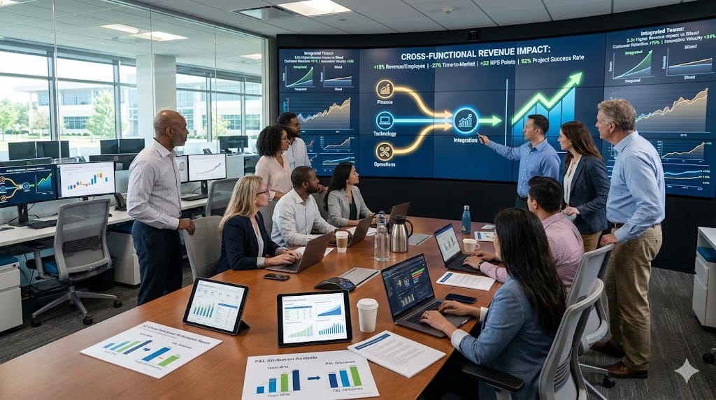 Business intelligence dashboard connecting cross-functional team performance to corporate KPIs—revenue per employee +18%, time-to-market -27%, customer satisfaction +22 points from integrated Finance-Technology-Operations alignment .