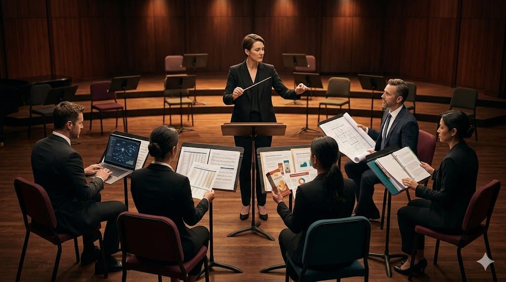 Executive leader conducting a diverse team in a rehearsal hall, symbolizing cross-functional alignment and coordinated leadership across departments.