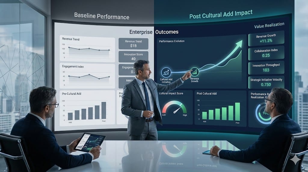 Executive team reviewing a before-and-after performance dashboard showing measurable business growth linked to cultural add initiatives.