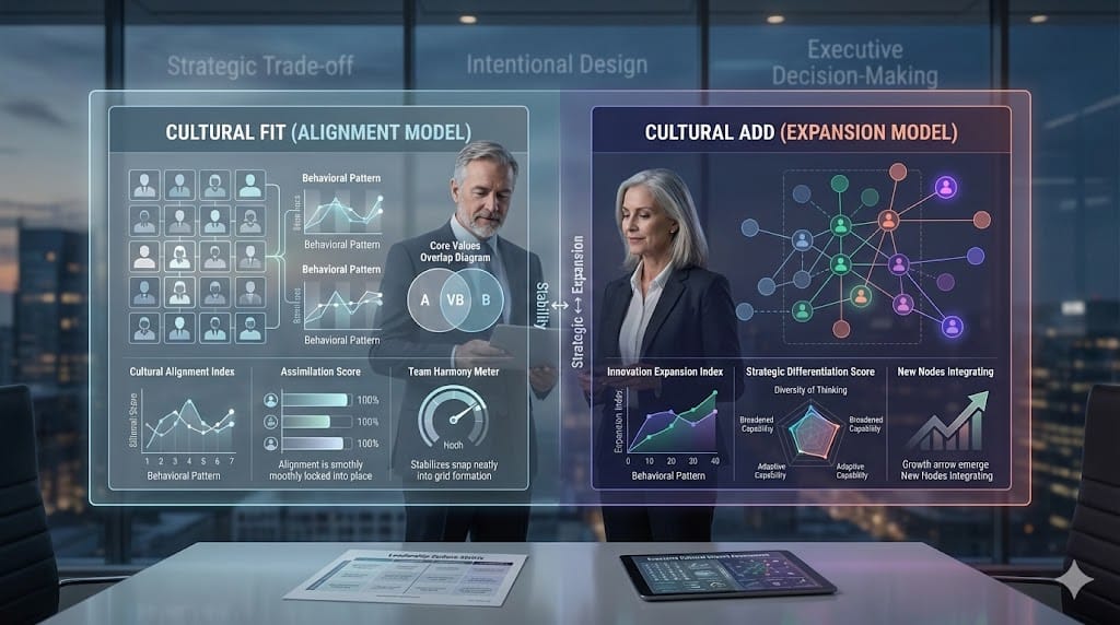 Executive search team analyzing cultural fit versus cultural add metrics with animated alignment grid and expansion impact visualization.